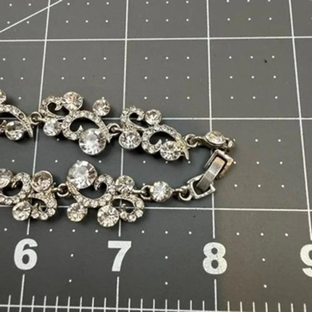 Rhinestone Crystal Statement Necklace Scrollwork Floral Silver Tone Collar
